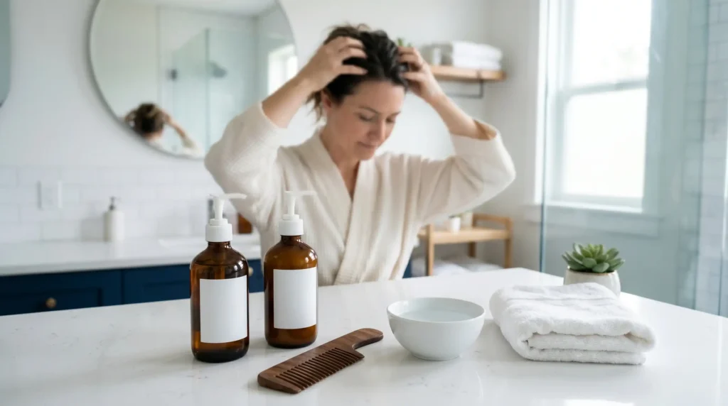 Anti-dandruff shampoo and conditioner routine for reducing scalp flakes and hair shedding.
