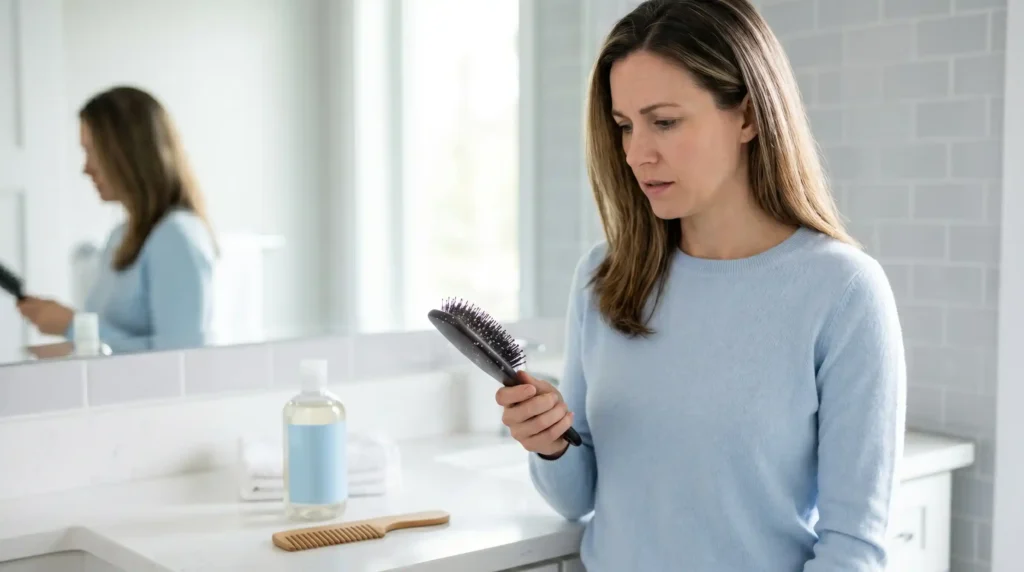 Person checking dandruff flakes and hair shedding on a hairbrush near a bathroom mirror.