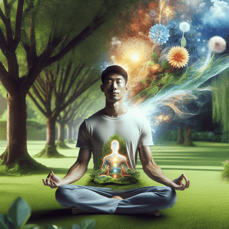 A serene Asian man sitting cross-legged on the grass in a peaceful park, with his eyes closed, radiating calmness and focus. Surrounding him are lush