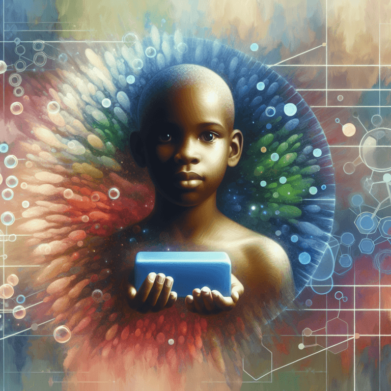 Skin cancer soap kid holds a bar of soap against a backdrop of soft, vibrant colors, symbolizing innovation in health care. The background features subtle them
