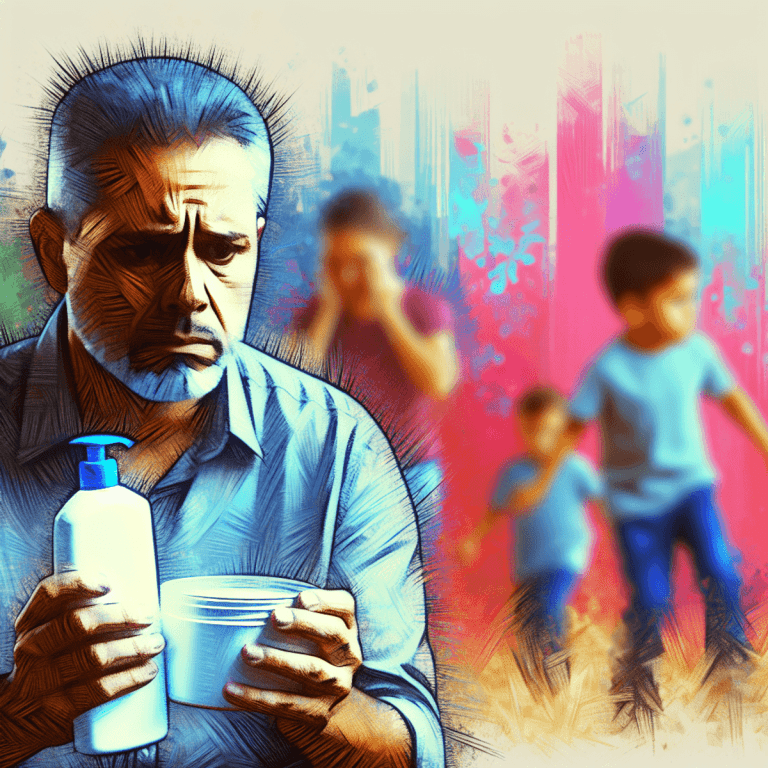 A distressed Hispanic parent holds a personal care product tightly, their face etched with worry and anxiety. In the softly blurred background, childr