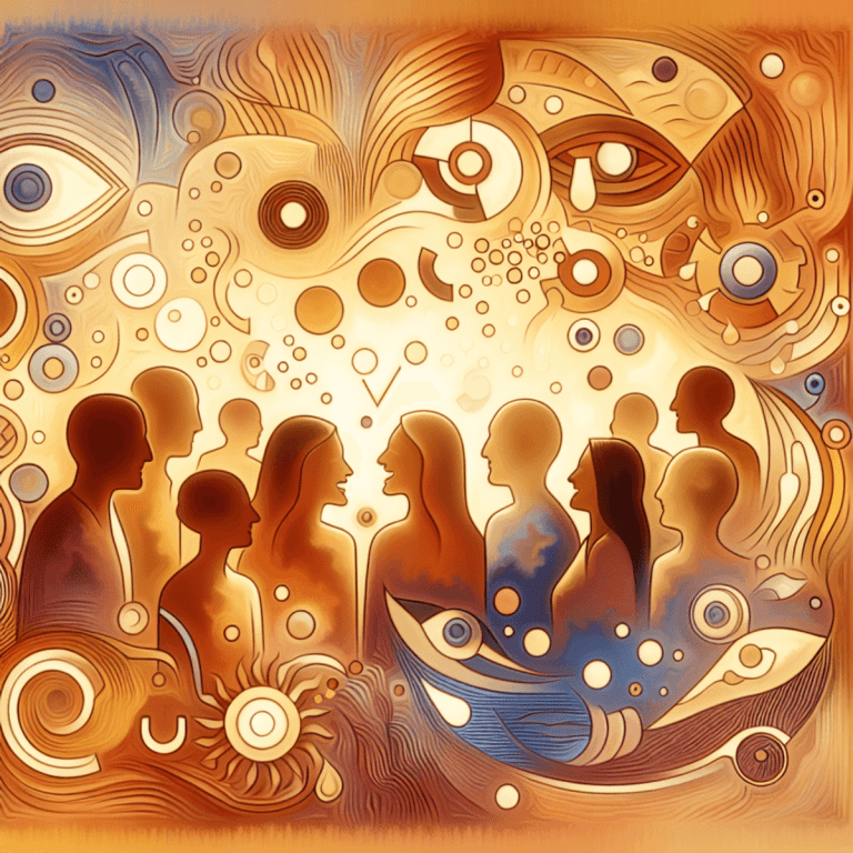 An abstract illustration featuring a diverse group of individuals, including Caucasian, Asian, and Hispanic descent, all laughing together in a warm a