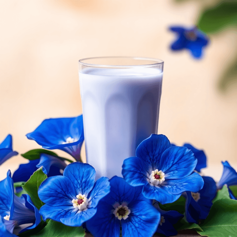 A close-up of butterfly pea flowers used to make butterfly milk with deep blue petals next to a glass of creamy butterfly milk, set against a softl...