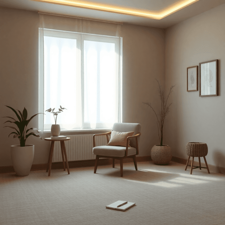 A tranquil therapy room with soft lighting, featuring a comfortable chair, calming decor, a small plant, a journal, and a pen, creating an atmosphe...