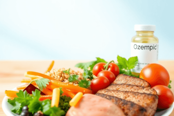 Still Feeling Full Hours After Lunch on Ozempic? Here’s Why A balanced meal on a plate featuring colorful vegetables, lean protein, and whole grains, with a bright background and a small medication bottle la...