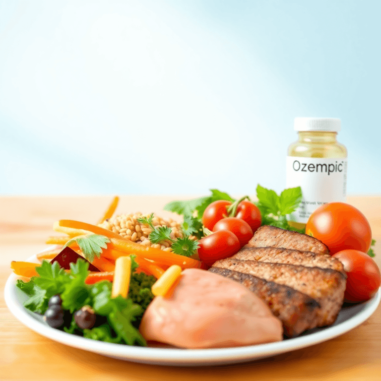A balanced meal on a plate featuring colorful vegetables, lean protein, and whole grains, with a bright background and a small medication bottle la...