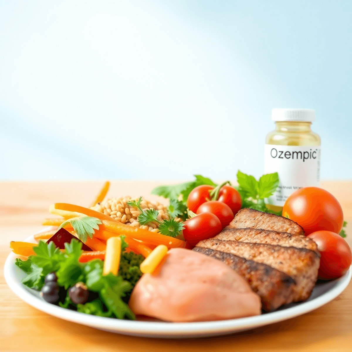 A balanced meal on a plate featuring colorful vegetables, lean protein, and whole grains, with a bright background and a small medication bottle la...