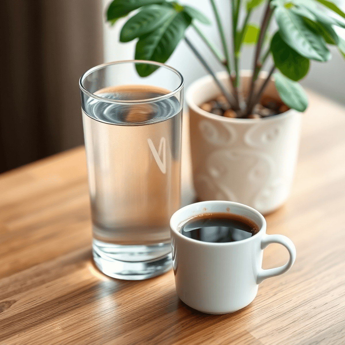 A clear glass of water and a steaming cup of black coffee on a wooden table, with a healthy plant softly blurred in the background, conveying welln...