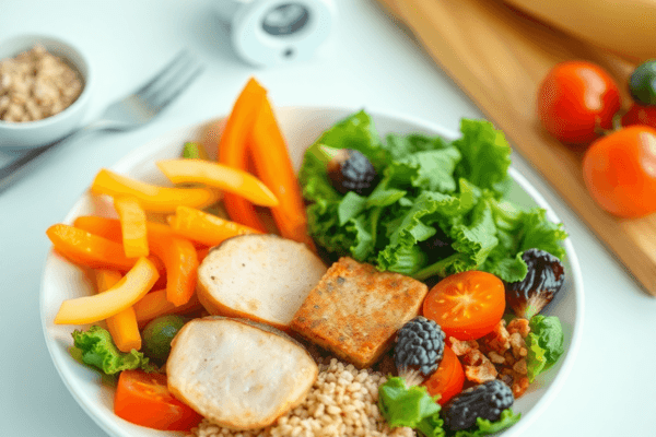 1300-Calorie Meal Plan: A Balanced Guide for Weight Loss and Nutrition A colorful 1300-calorie meal plate with vegetables, lean protein, and whole grains, artfully arranged with a measuring cup in the background, conve...