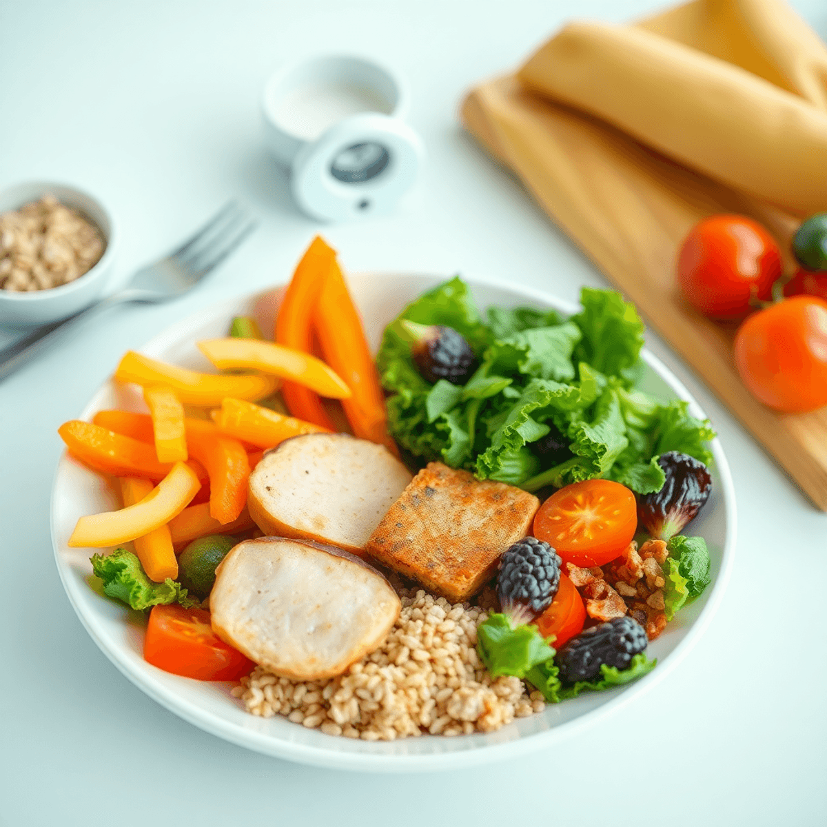 A colorful 1300-calorie meal plate with vegetables, lean protein, and whole grains, artfully arranged with a measuring cup in the background, conve...
