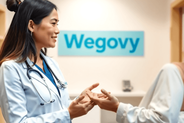 Does BCBS Cover Wegovy for Weight Loss? Insurance Guide A healthcare professional discussing weight loss options with a patient in a bright clinic, featuring Wegovy and BCBS branding in the background.