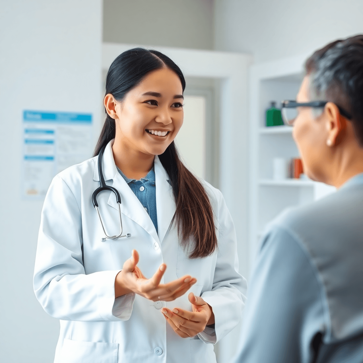 A healthcare professional in a white lab coat discusses treatment options with a patient in a bright, welcoming clinic, surrounded by medical chart...