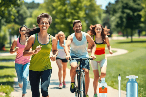 Wegovy Before and After: Real Results and What to Expect A lively scene in a sunny park with people jogging and cycling, surrounded by water bottles, fresh fruits, and a scale, embodying health and wellness.