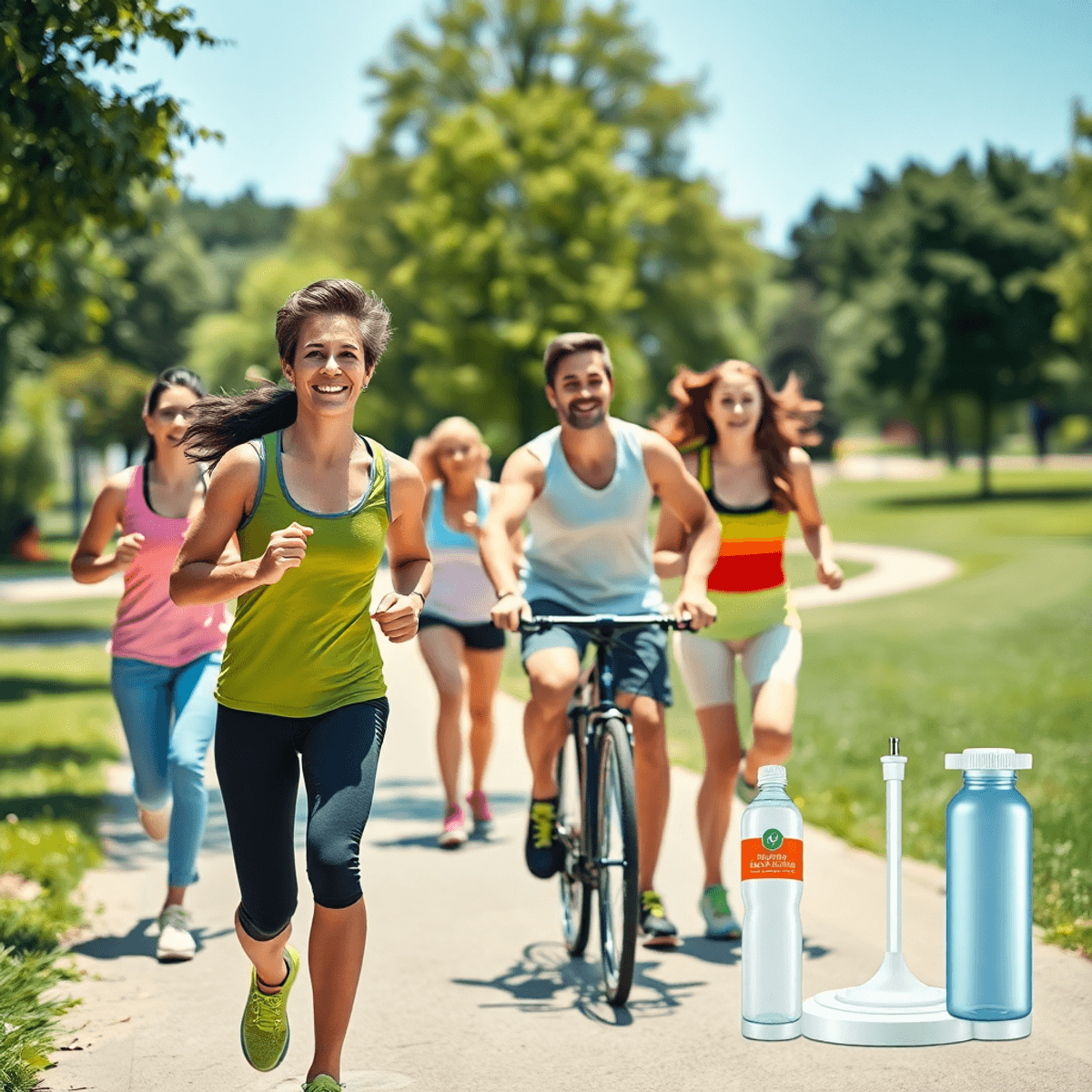 A lively scene in a sunny park with people jogging and cycling, surrounded by water bottles, fresh fruits, and a scale, embodying health and wellness.