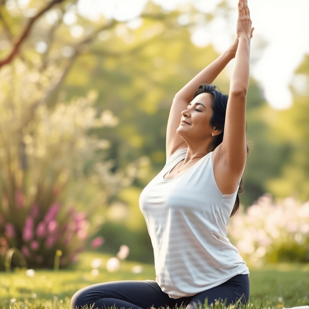 A middle-aged woman practicing yoga outdoors amidst trees and flowers, embodying balance and wellness, with soft light and flowing water symbolizin...