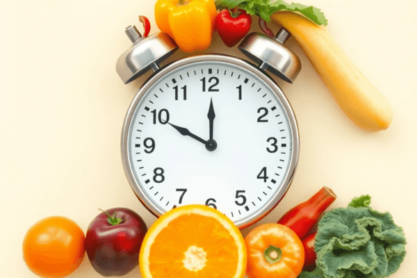 Different Types of Food Fasts: Which One Is Right for You? A minimalist clock surrounded by vibrant fruits and vegetables, set against a bright background, symbolizing fasting and time management for health.