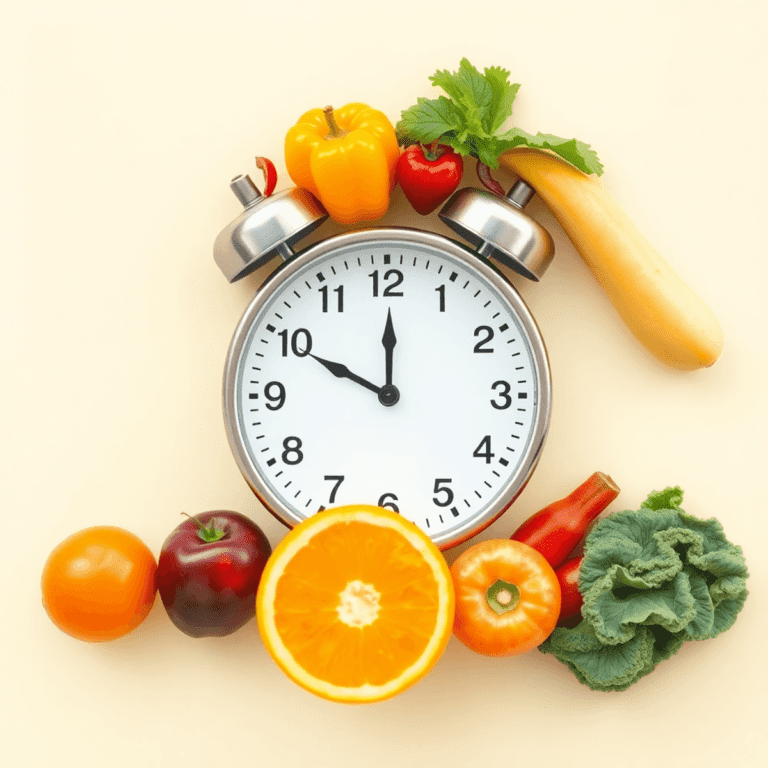 A minimalist clock surrounded by vibrant fruits and vegetables, set against a bright background, symbolizing fasting and time management for health.