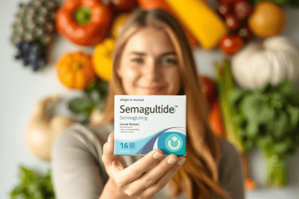 How Long Does Semaglutide Take to Suppress Appetite? A person holding a semaglutide medication box in front of fresh fruits and vegetables, conveying a positive atmosphere for healthy eating and weigh...