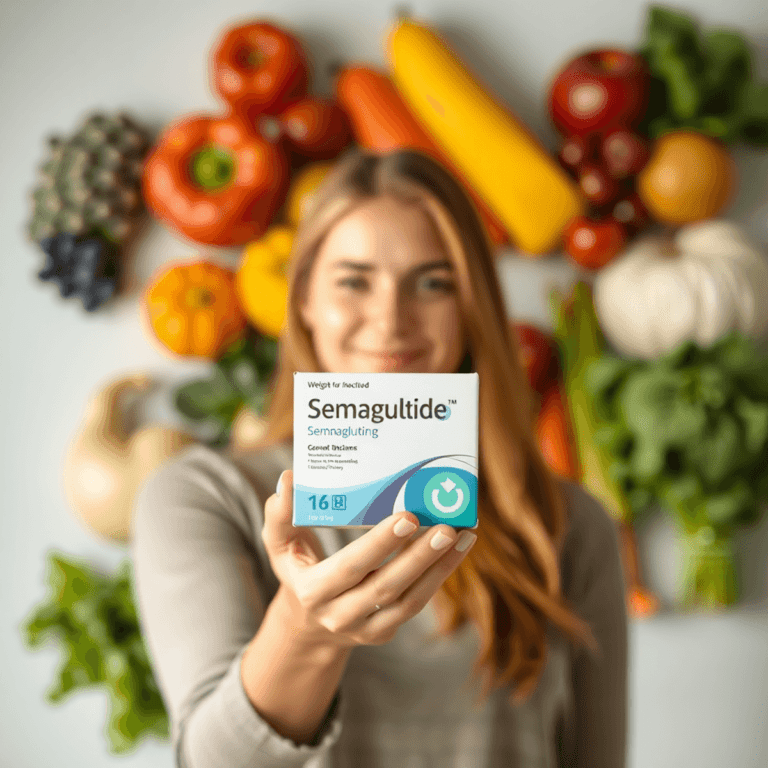 A person holding a semaglutide medication box in front of fresh fruits and vegetables, conveying a positive atmosphere for healthy eating and weigh...