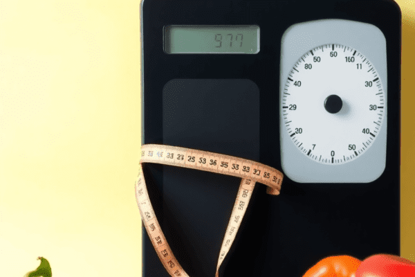 Mounjaro Weight Loss by Week A scale displaying a significant weight loss, surrounded by fruits, vegetables, and a measuring tape, set against a bright, uplifting background.