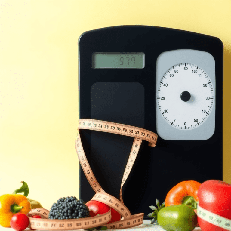 A scale displaying a significant weight loss, surrounded by fruits, vegetables, and a measuring tape, set against a bright, uplifting background.