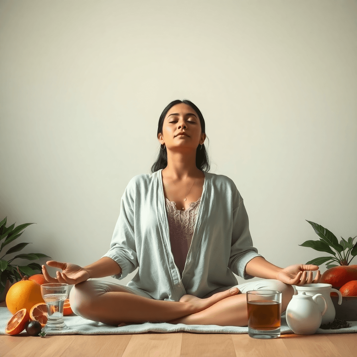A woman practicing mindfulness amidst symbols of health like fruits, water, and herbal tea, bathed in soft natural light, evoking calmness and bala...