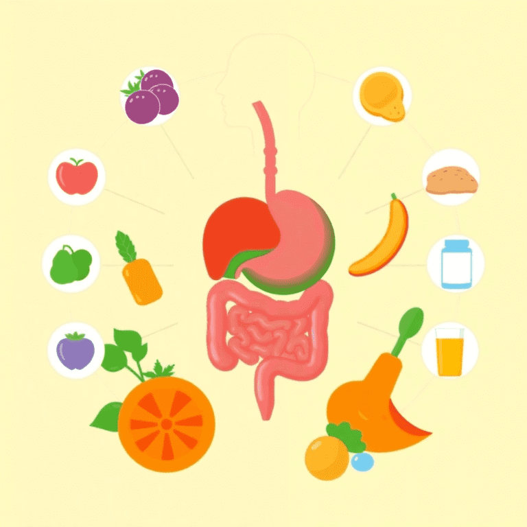 Illustration of a healthy digestive system surrounded by fruits, vegetables, and supplements on a bright, inviting background, conveying wellness a...