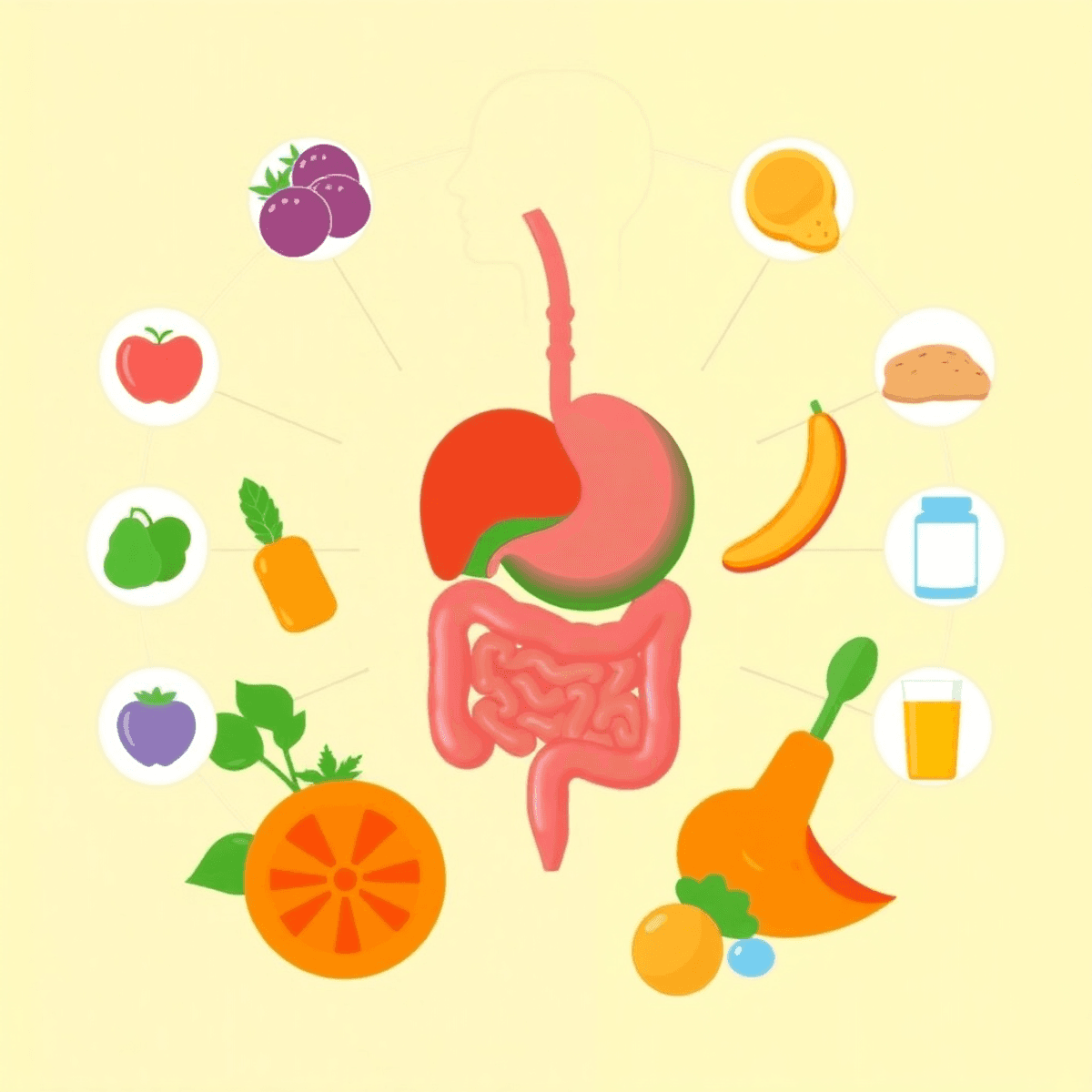 Illustration of a healthy digestive system surrounded by fruits, vegetables, and supplements on a bright, inviting background, conveying wellness a...