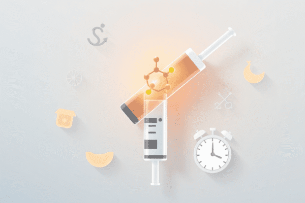 How Long Does It Take to Lose Weight on Semaglutide? Illustration of a medical syringe with glowing semaglutide molecule and icons of scale, healthy food, and clock on a soft gradient background.