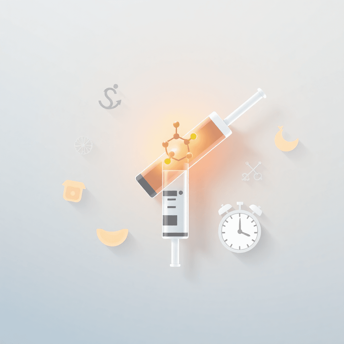 Illustration of a medical syringe with glowing semaglutide molecule and icons of scale, healthy food, and clock on a soft gradient background.