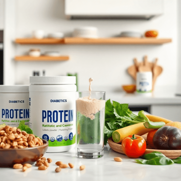 Modern kitchen with protein powder containers, fresh nuts and vegetables, and a scoop pouring powder into a glass of water, highlighting health and...