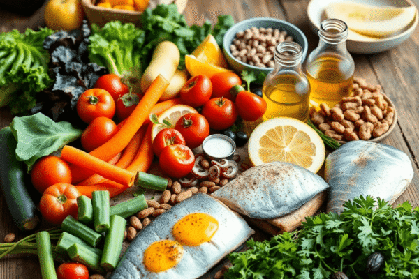 Top 7 Anti-Inflammatory Foods to Add to Your Diet A colorful Mediterranean diet spread with fresh vegetables, fruits, nuts, olive oil, and fish on a rustic table beside exercise gear.