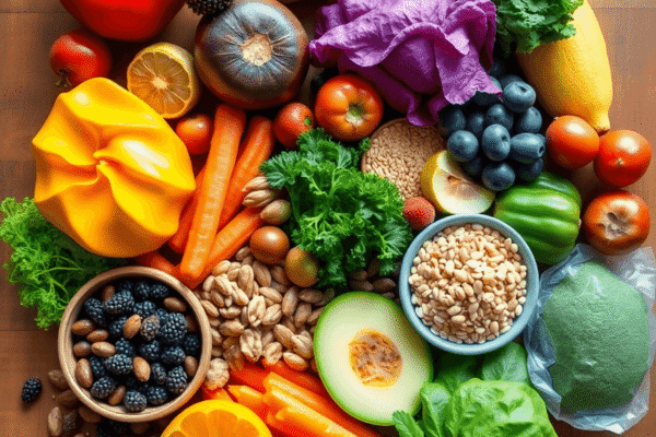 Plant-Based Diets: Long-Term Health Benefits and Practical Tips A colorful spread of fresh fruits, vegetables, nuts, seeds, and whole grains on a wooden table with bright natural light.
