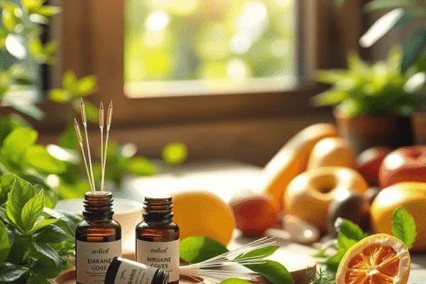 Holistic Approaches to Managing Migraines Without Medication A peaceful meditation space with essential oils, acupuncture needles, fresh fruits and vegetables, bathed in soft sunlight through green leaves.