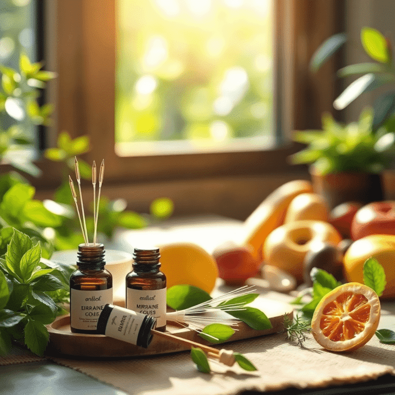 A peaceful meditation space with essential oils, acupuncture needles, fresh fruits and vegetables, bathed in soft sunlight through green leaves.