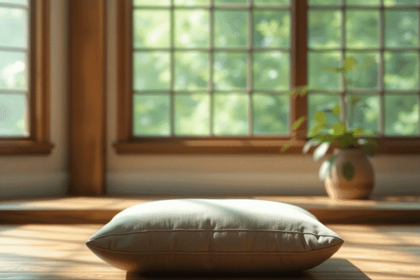 Beginner’s Guide to Mindfulness Meditation for Everyday Life A peaceful meditation space with soft natural light, a cushion on a wooden floor, and calming greenery in the background.