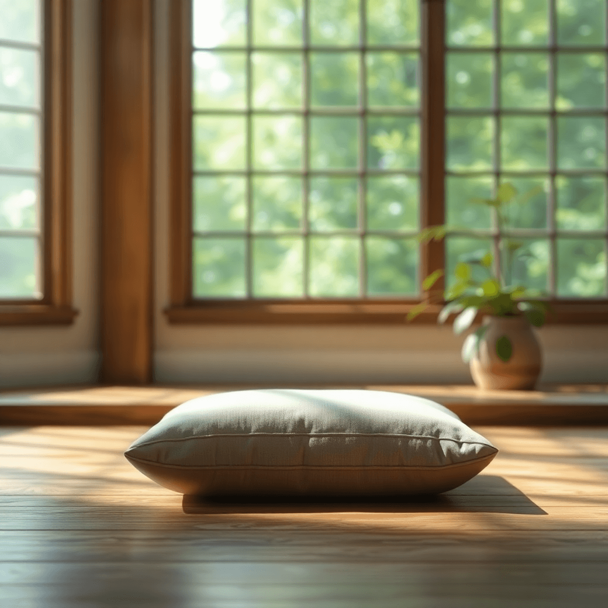 A peaceful meditation space with soft natural light, a cushion on a wooden floor, and calming greenery in the background.