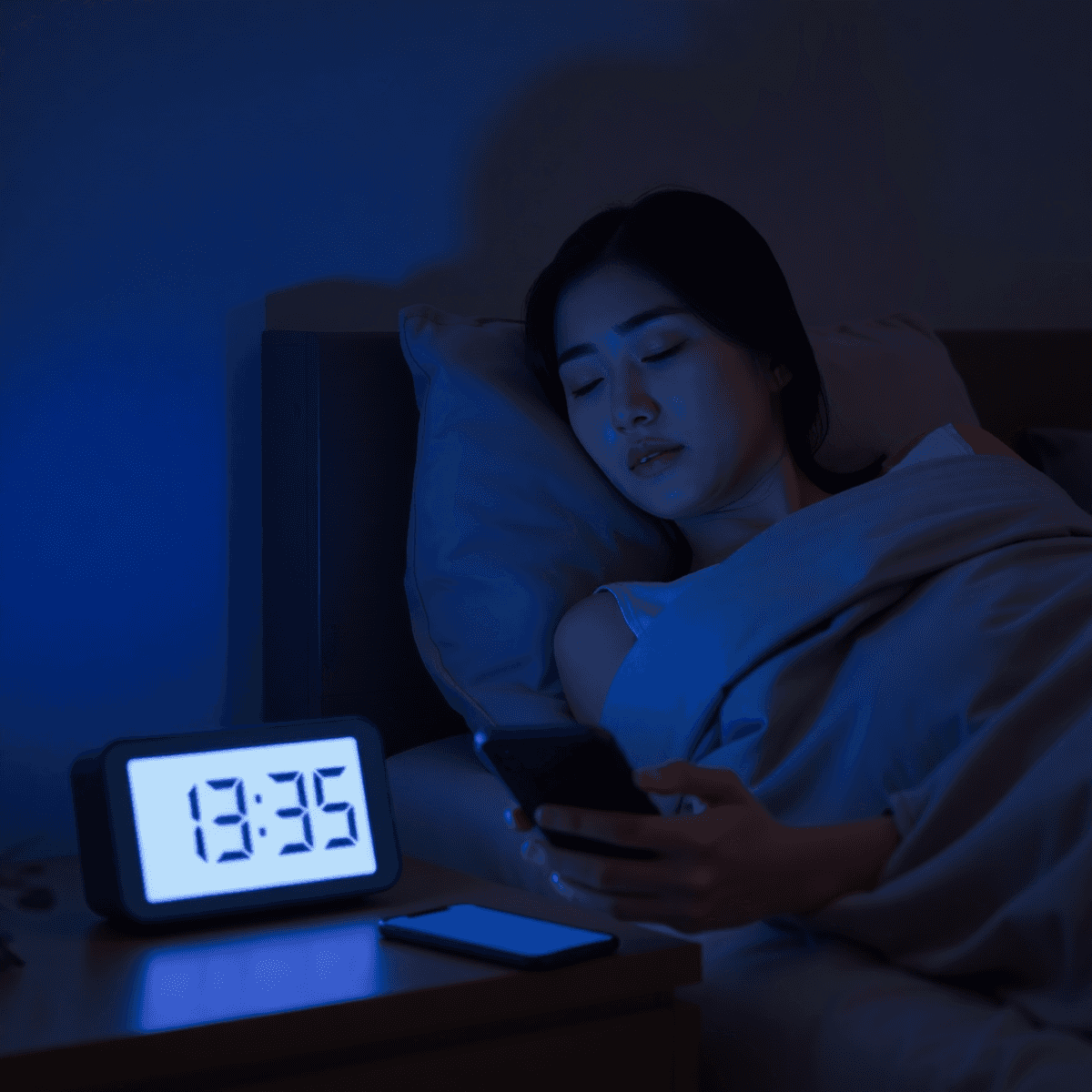 A peaceful woman in a dim bedroom with a softly glowing digital clock and a smartphone emitting blue light on the nightstand.