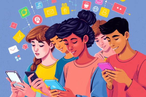 The Impact of Social Media on Mental Wellbeing in 2025 A vibrant digital illustration of teenagers using smartphones surrounded by colorful icons symbolizing connectivity, mental health, and digital int...
