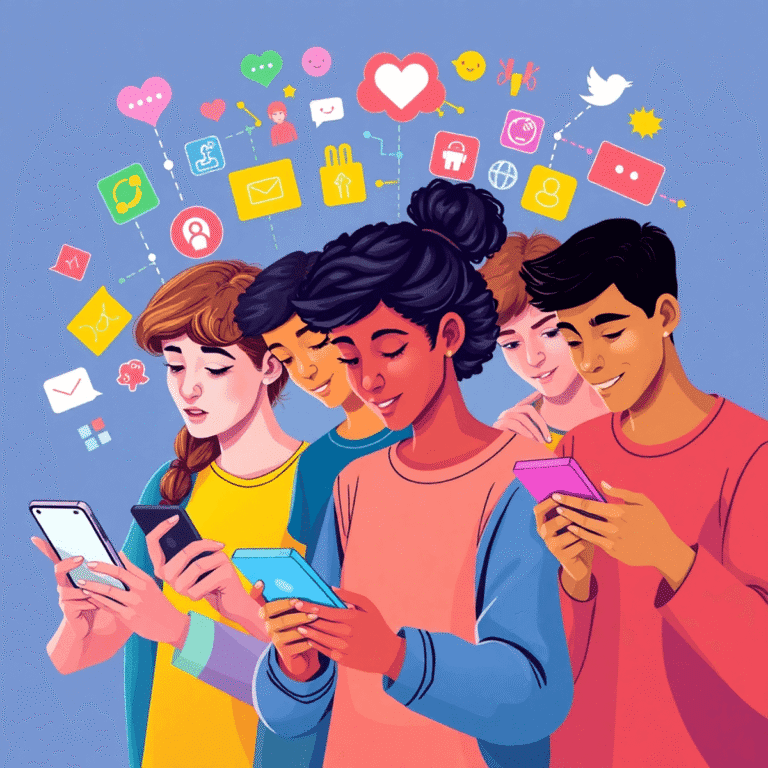 A vibrant digital illustration of teenagers using smartphones surrounded by colorful icons symbolizing connectivity, mental health, and digital int...