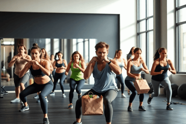 Functional Fitness: What It Is and Why It Matters in Modern Life Adults performing squats, lunges, and carrying groceries in a bright, modern gym emphasizing functional fitness and everyday strength.