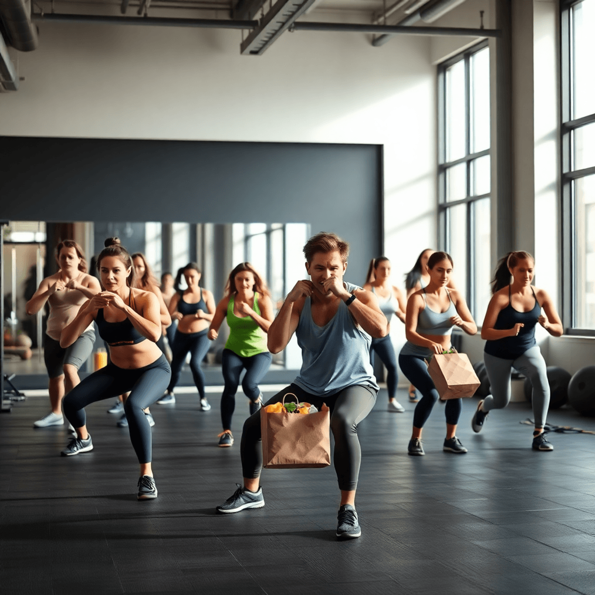 Adults performing squats, lunges, and carrying groceries in a bright, modern gym emphasizing functional fitness and everyday strength.