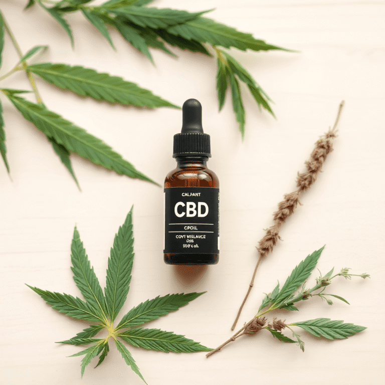Amber CBD oil bottle with dropper on wooden surface, surrounded by hemp leaves and fresh herbs, symbolizing health and holistic self-care.