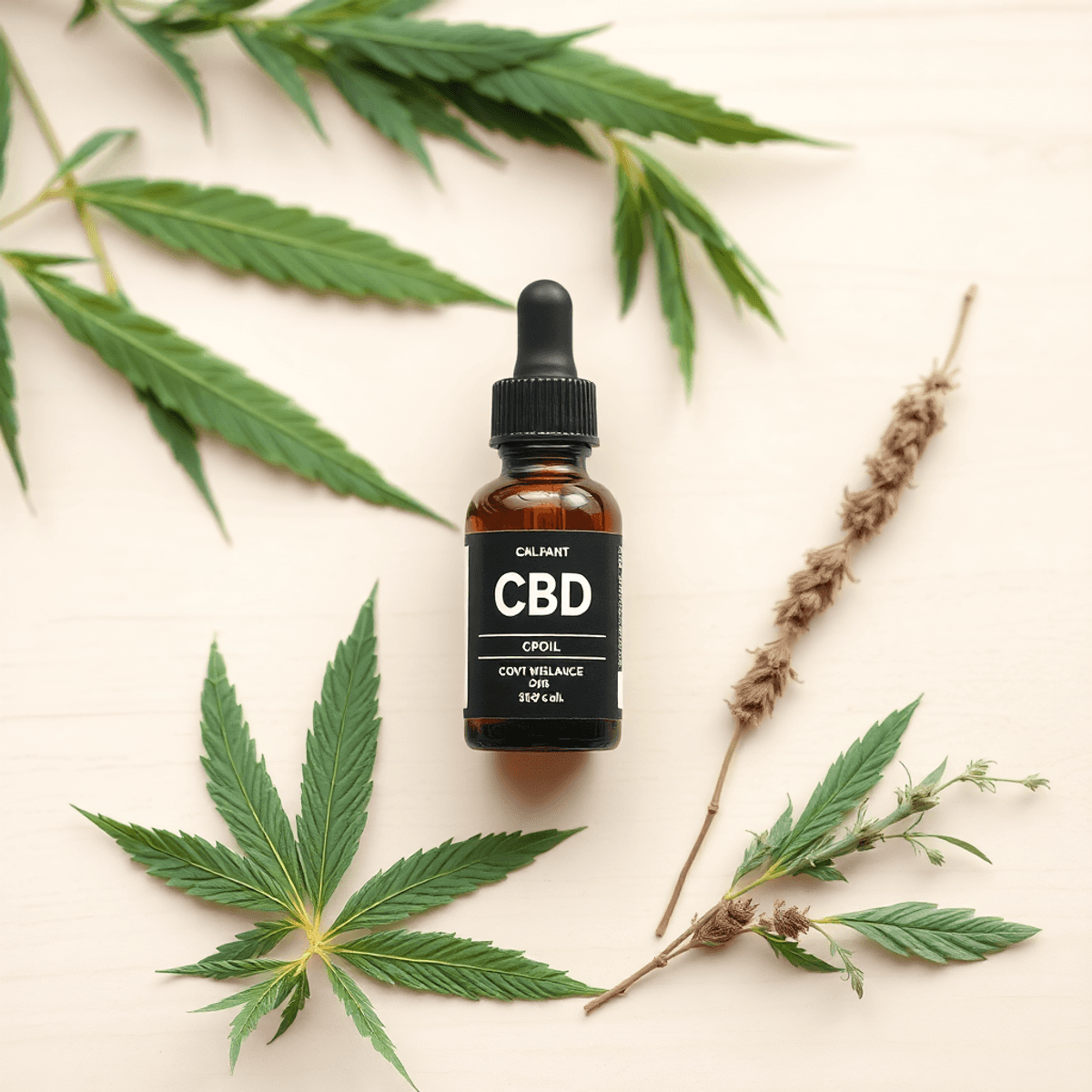 Amber CBD oil bottle with dropper on wooden surface, surrounded by hemp leaves and fresh herbs, symbolizing health and holistic self-care.