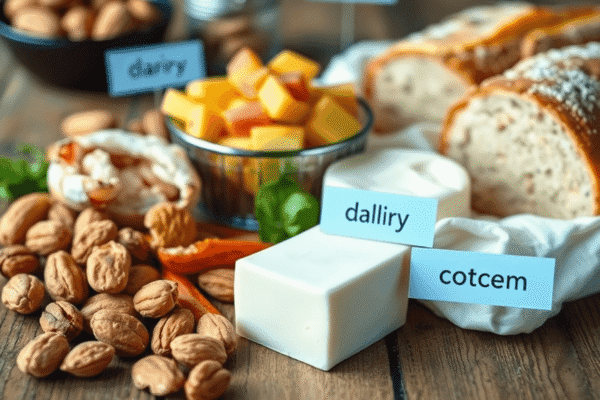 Understanding Food Sensitivities vs Food Allergies Close-up of labeled allergenic foods including nuts, shellfish, dairy, and bread on a wooden table.