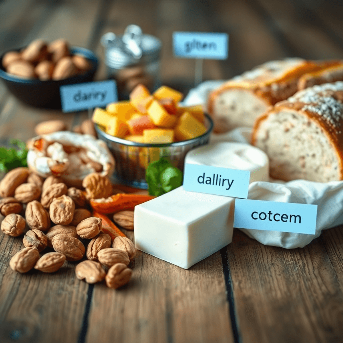 Close-up of labeled allergenic foods including nuts, shellfish, dairy, and bread on a wooden table.