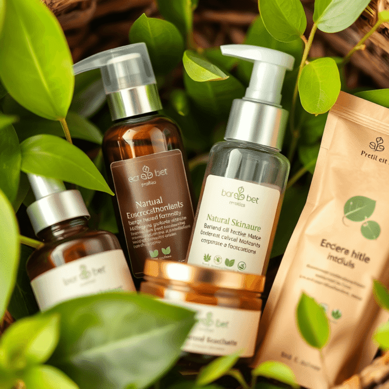 Close-up of natural skincare products with fresh green leaves and biodegradable packaging, highlighting sustainable beauty and eco-friendly care.