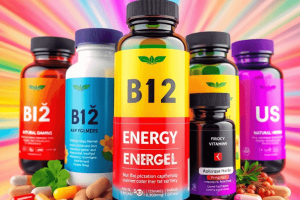 Supplements for Energy: What Works and What to Avoid Colorful supplement bottles and capsules labeled with vitamins and minerals, alongside natural herbs, on a bright background symbolizing vitality a...