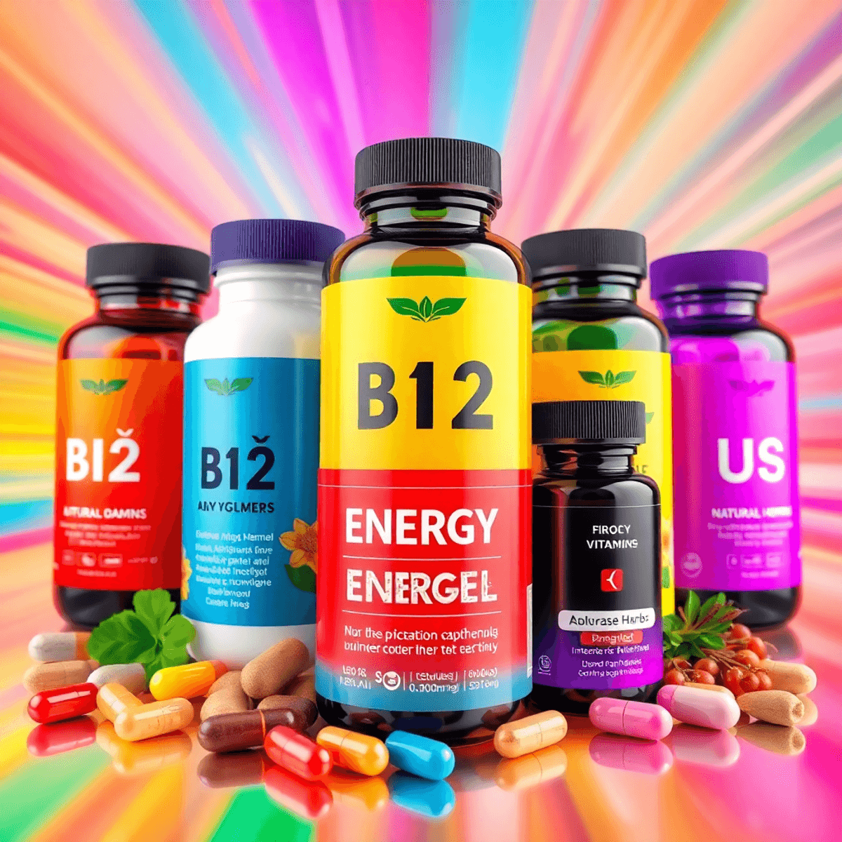 Colorful supplement bottles and capsules labeled with vitamins and minerals, alongside natural herbs, on a bright background symbolizing vitality a...