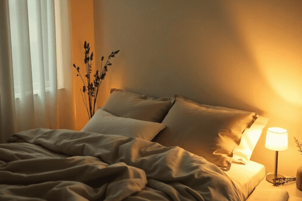 The Best Sleep Hygiene Practices for Deeper, Restorative Rest Cozy bedroom with warm lighting, plush bed, bedside table with lamp and book, and calming plants creating a peaceful sleep atmosphere.